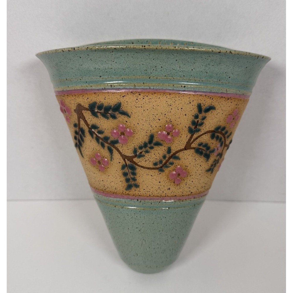 Ceramic Pottery Floral Painted Wall Vase Floral Pattern Green Pink 6.5"x7" 90's